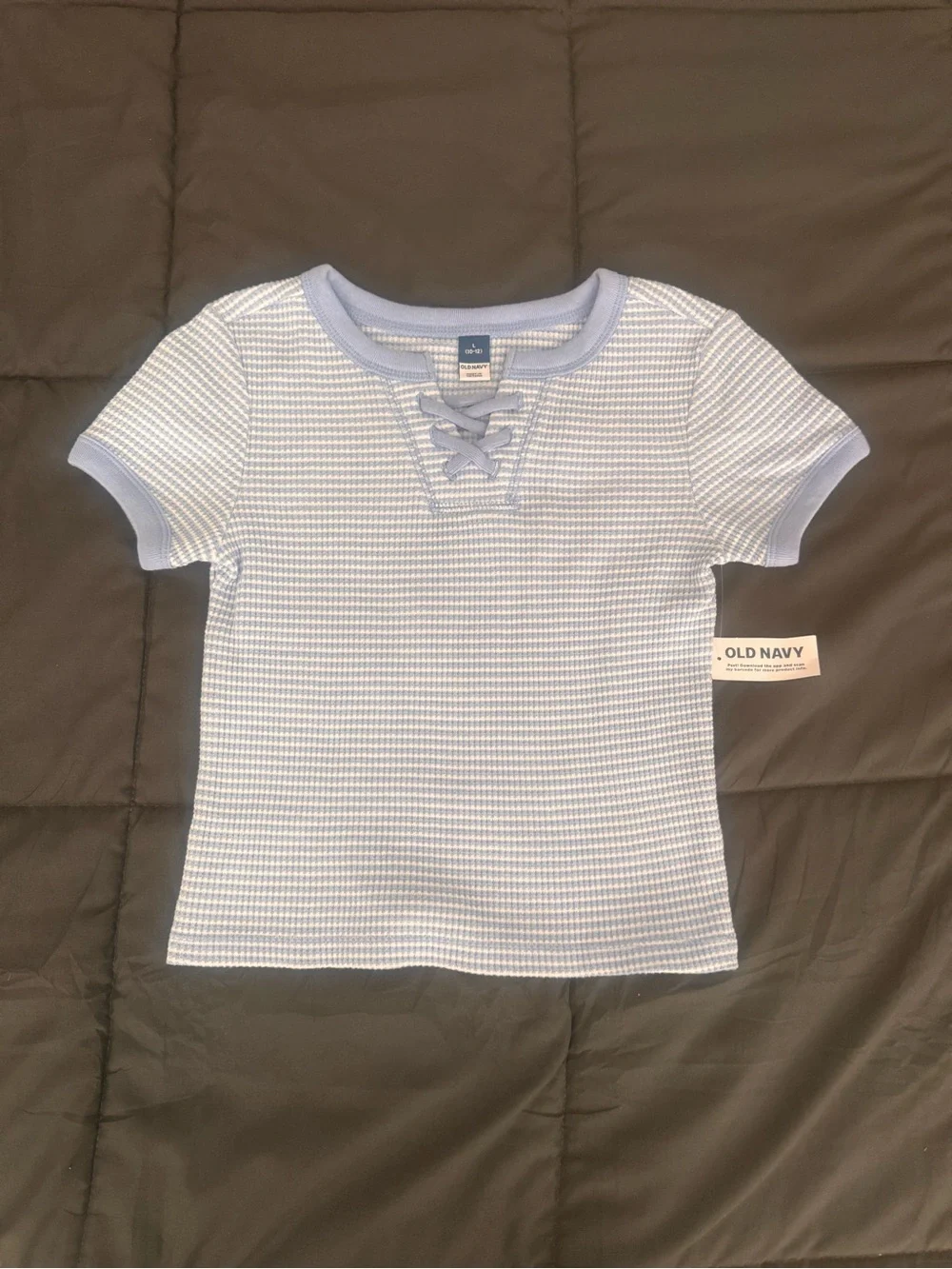 Old Navy Light Blue Lace-Up Ribbed Short Sleeve Tee